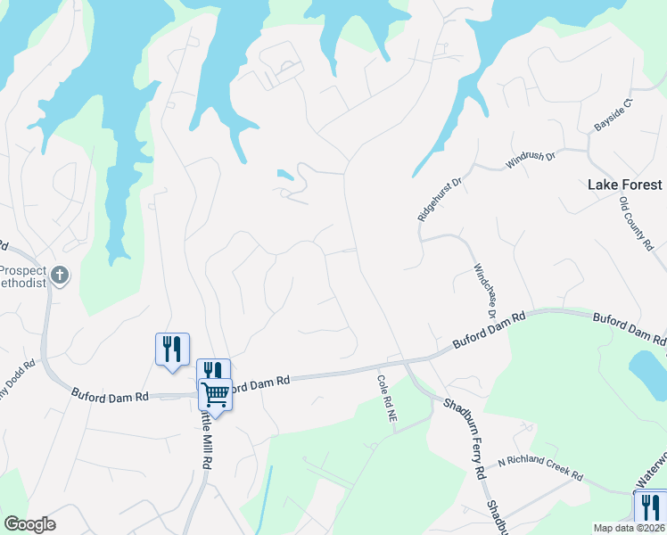 map of restaurants, bars, coffee shops, grocery stores, and more near 5870 Lake Windsor Parkway in Buford