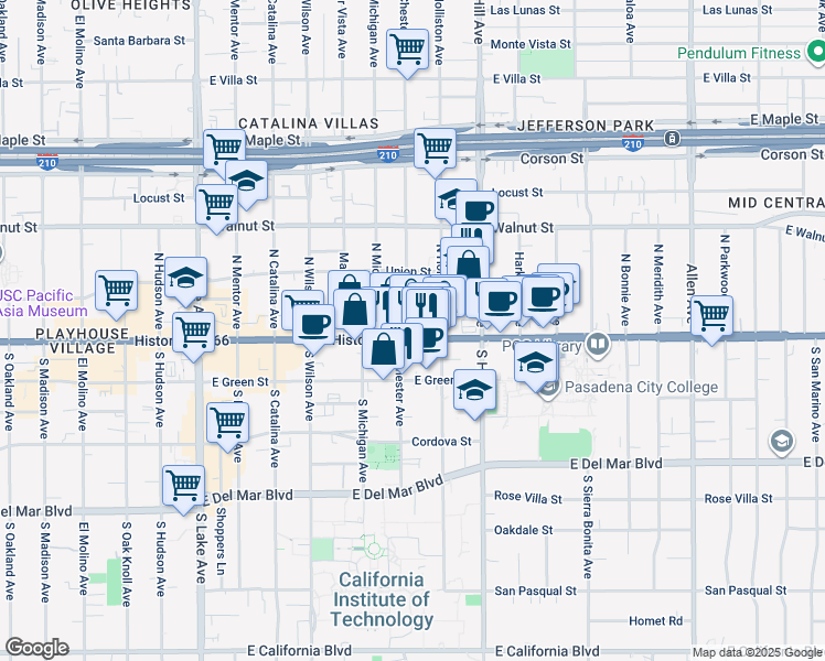 map of restaurants, bars, coffee shops, grocery stores, and more near 1283 East Colorado Boulevard in Pasadena