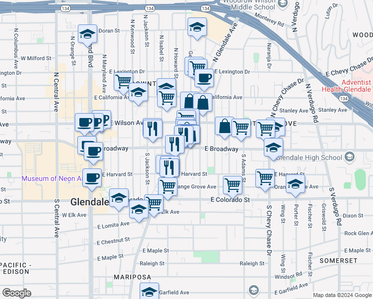 map of restaurants, bars, coffee shops, grocery stores, and more near 100 Franklin Court in Glendale