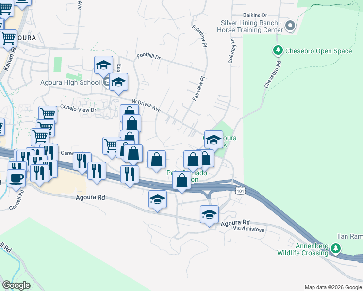 map of restaurants, bars, coffee shops, grocery stores, and more near 5334 Lewis Road in Agoura Hills