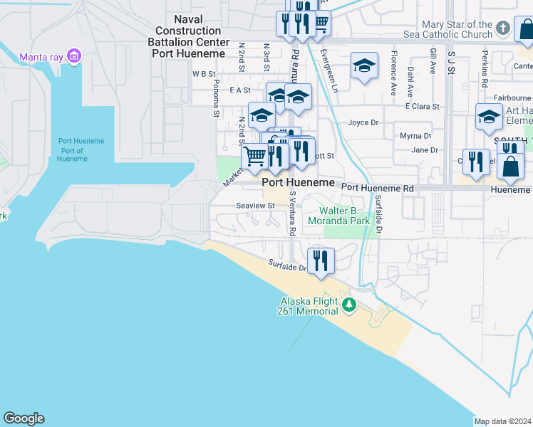 map of restaurants, bars, coffee shops, grocery stores, and more near 209 South Ventura Road in Port Hueneme