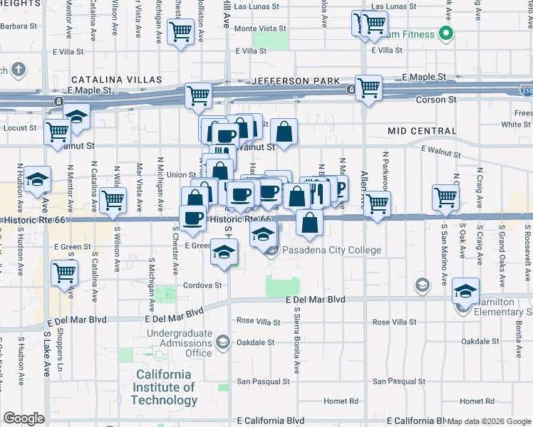 map of restaurants, bars, coffee shops, grocery stores, and more near 1513 East Colorado Boulevard in Pasadena