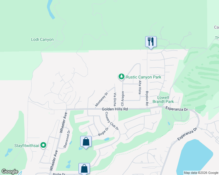 map of restaurants, bars, coffee shops, grocery stores, and more near 7227 Monterey Street in La Verne