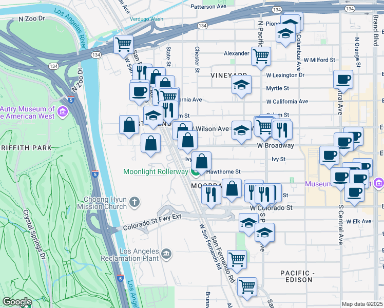 map of restaurants, bars, coffee shops, grocery stores, and more near 717 Ivy Street in Glendale