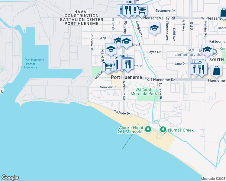 map of restaurants, bars, coffee shops, grocery stores, and more near 209 South Ventura Road in Port Hueneme