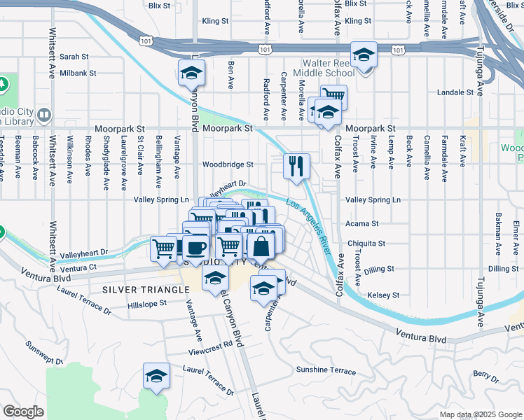map of restaurants, bars, coffee shops, grocery stores, and more near 4121 Radford Avenue in Los Angeles