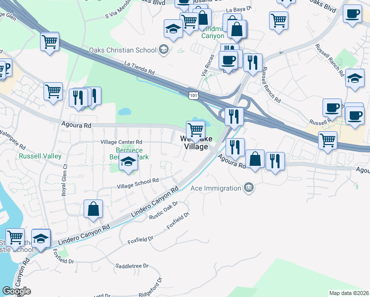 map of restaurants, bars, coffee shops, grocery stores, and more near 4474 Guildhall Court in Westlake Village