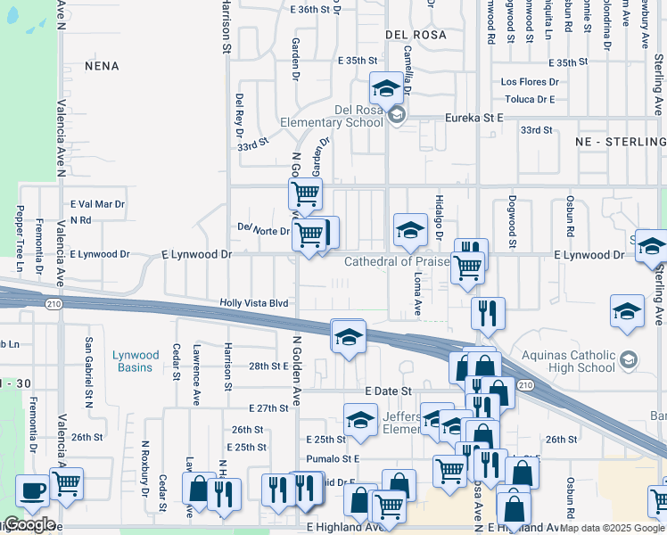 map of restaurants, bars, coffee shops, grocery stores, and more near 1277 East Lynwood Drive in San Bernardino
