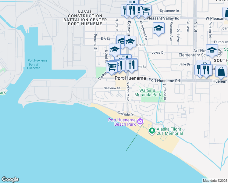 map of restaurants, bars, coffee shops, grocery stores, and more near 233 South Ventura Road in Port Hueneme