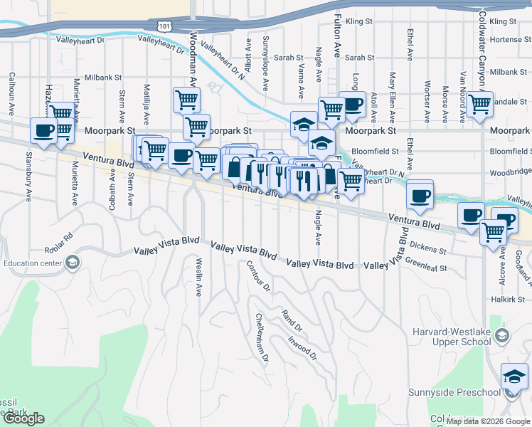 map of restaurants, bars, coffee shops, grocery stores, and more near 4164 Sunnyslope Avenue in Los Angeles