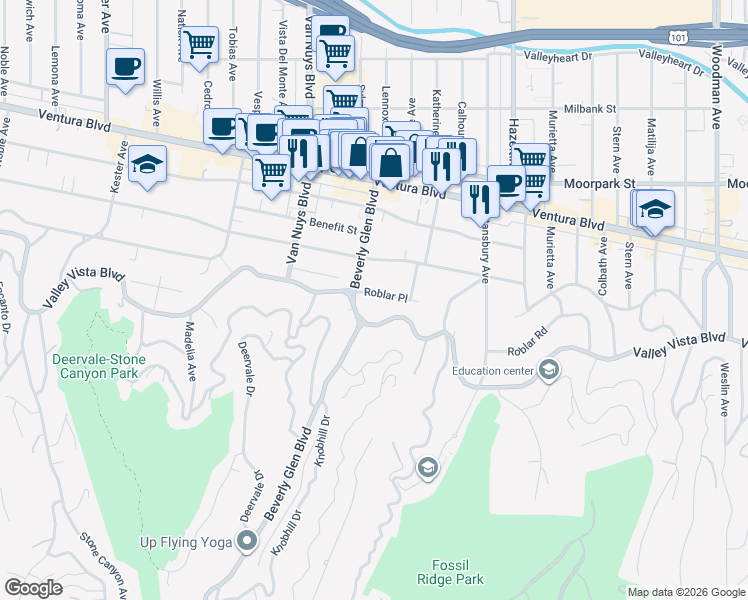 map of restaurants, bars, coffee shops, grocery stores, and more near 14324 Roblar Place in Los Angeles