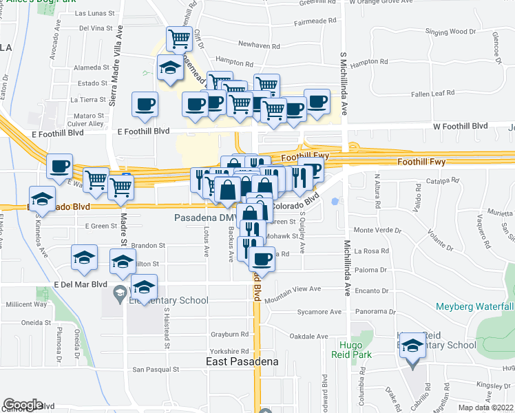 map of restaurants, bars, coffee shops, grocery stores, and more near E Colorado Blvd & S Rosemead Blvd in East Pasadena