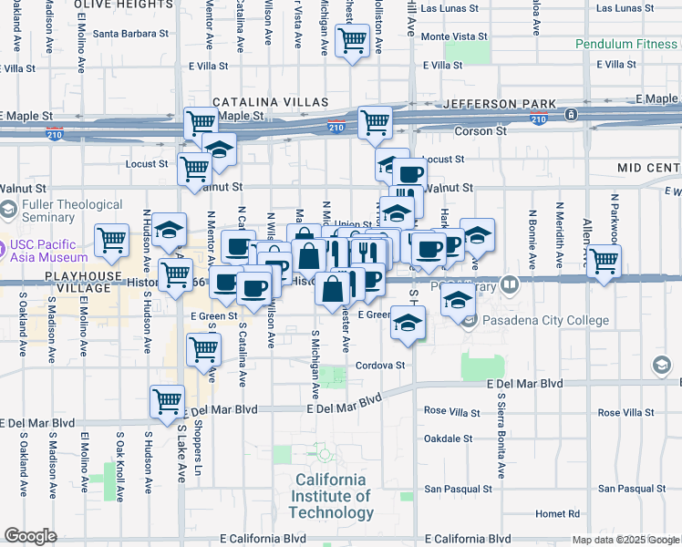 map of restaurants, bars, coffee shops, grocery stores, and more near 1227 East Colorado Boulevard in Pasadena