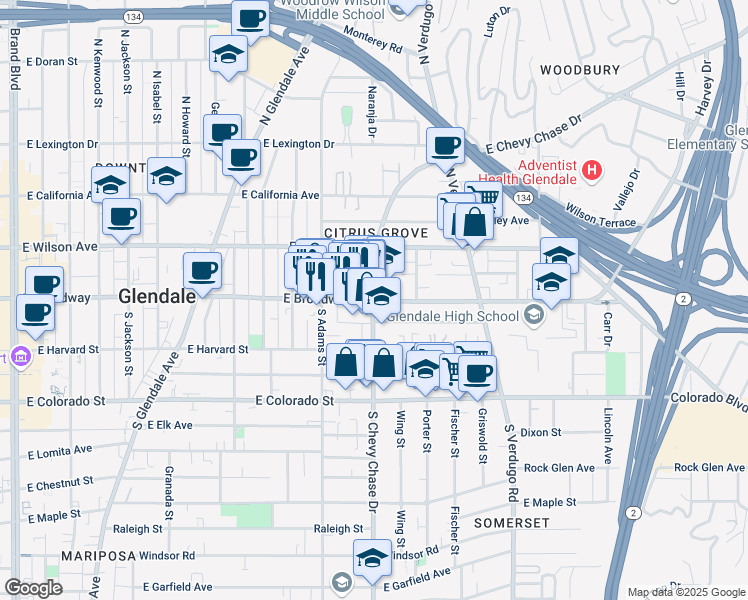 map of restaurants, bars, coffee shops, grocery stores, and more near 1201 East Broadway in Glendale