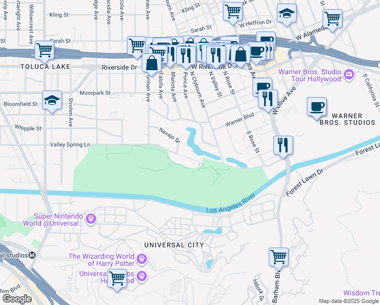 map of restaurants, bars, coffee shops, grocery stores, and more near 10061 Valley Spring Lane in Los Angeles
