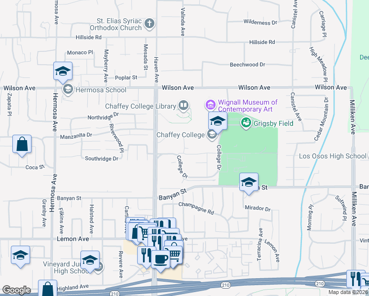 map of restaurants, bars, coffee shops, grocery stores, and more near Myrtle Drive in Rancho Cucamonga