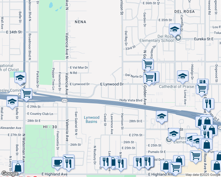map of restaurants, bars, coffee shops, grocery stores, and more near 3061 Lawrence Avenue in San Bernardino