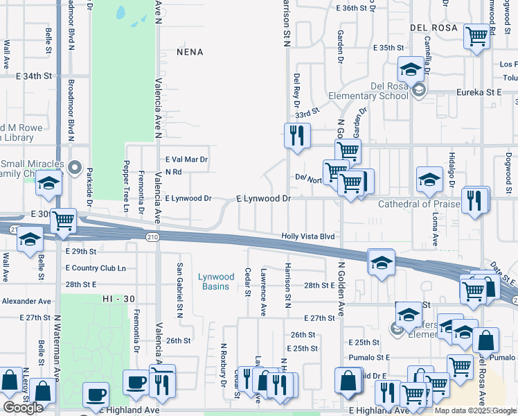 map of restaurants, bars, coffee shops, grocery stores, and more near 3061 Lawrence Avenue in San Bernardino