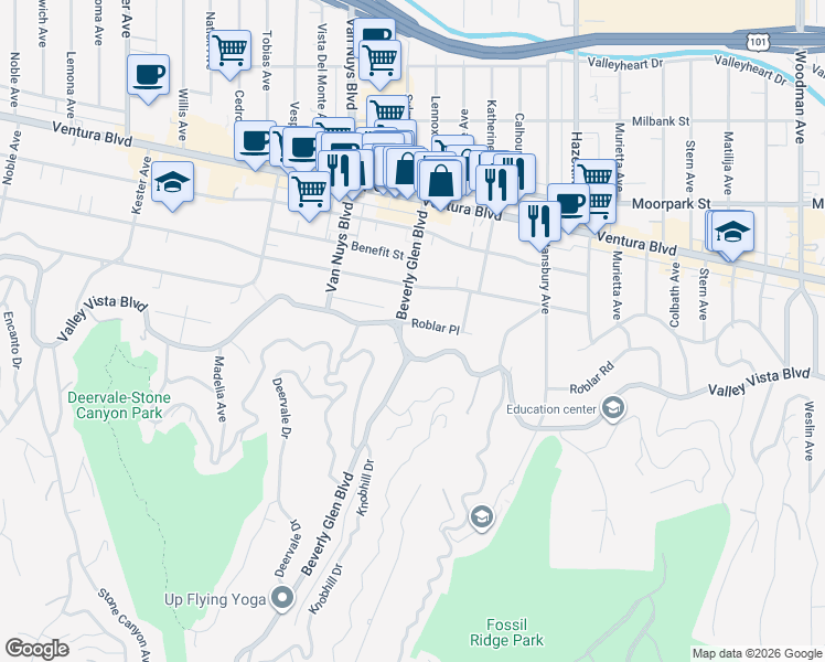 map of restaurants, bars, coffee shops, grocery stores, and more near 14340 Roblar Place in Los Angeles