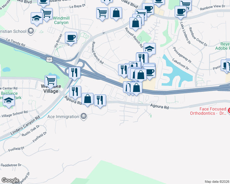 map of restaurants, bars, coffee shops, grocery stores, and more near 31111 Agoura Road in Westlake Village