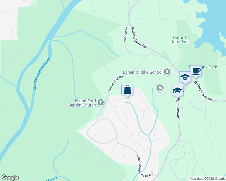 map of restaurants, bars, coffee shops, grocery stores, and more near 928 Island Ford Road in Buford
