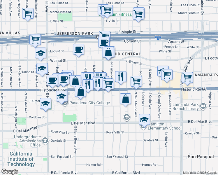 map of restaurants, bars, coffee shops, grocery stores, and more near 1845 East Colorado Boulevard in Pasadena
