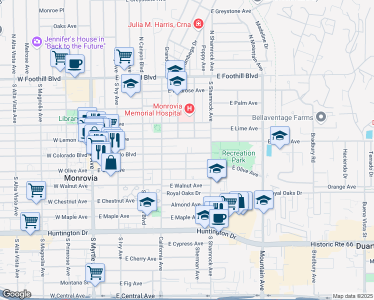 map of restaurants, bars, coffee shops, grocery stores, and more near 519 East Colorado Boulevard in Monrovia