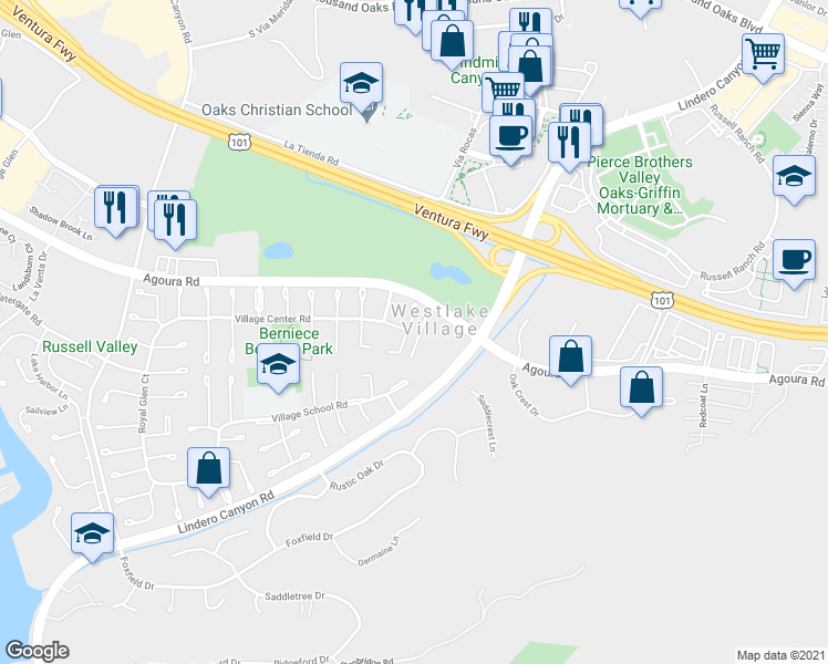 map of restaurants, bars, coffee shops, grocery stores, and more near 4474 Guildhall Court in Westlake Village