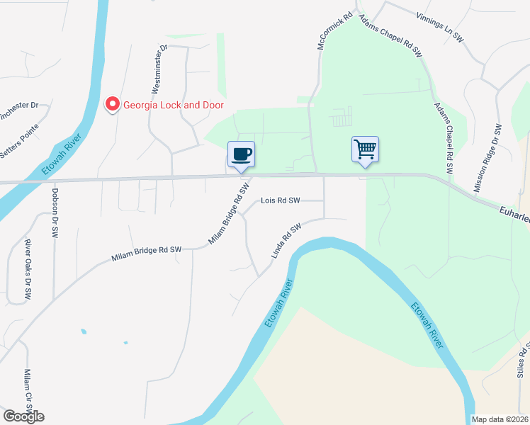 map of restaurants, bars, coffee shops, grocery stores, and more near 19 Colleen and Karen Road Southwest in Cartersville