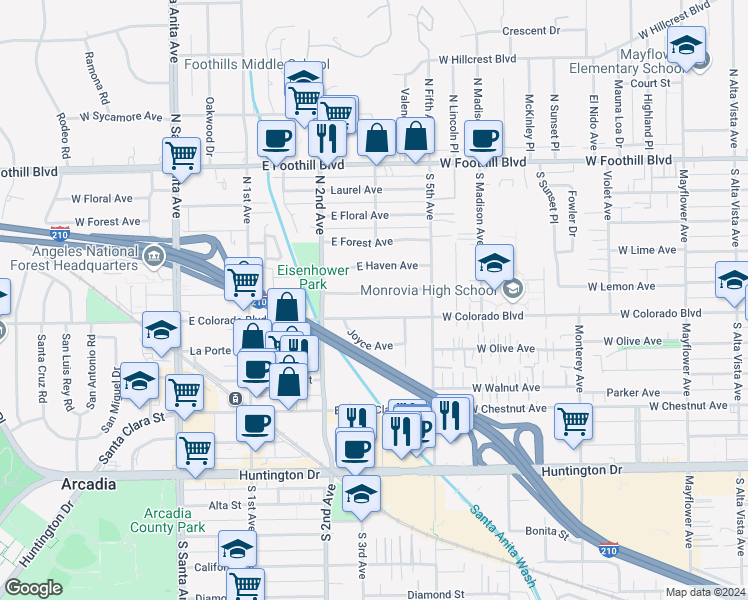 map of restaurants, bars, coffee shops, grocery stores, and more near 250 East Newman Avenue in Arcadia