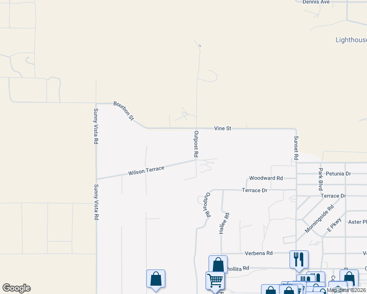 map of restaurants, bars, coffee shops, grocery stores, and more near 5830 Outpost Road in Joshua Tree