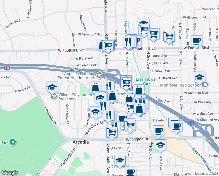 map of restaurants, bars, coffee shops, grocery stores, and more near 23 East Colorado Boulevard in Arcadia