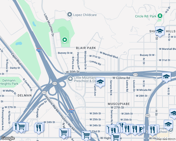 map of restaurants, bars, coffee shops, grocery stores, and more near 1290 West 30th Street in San Bernardino