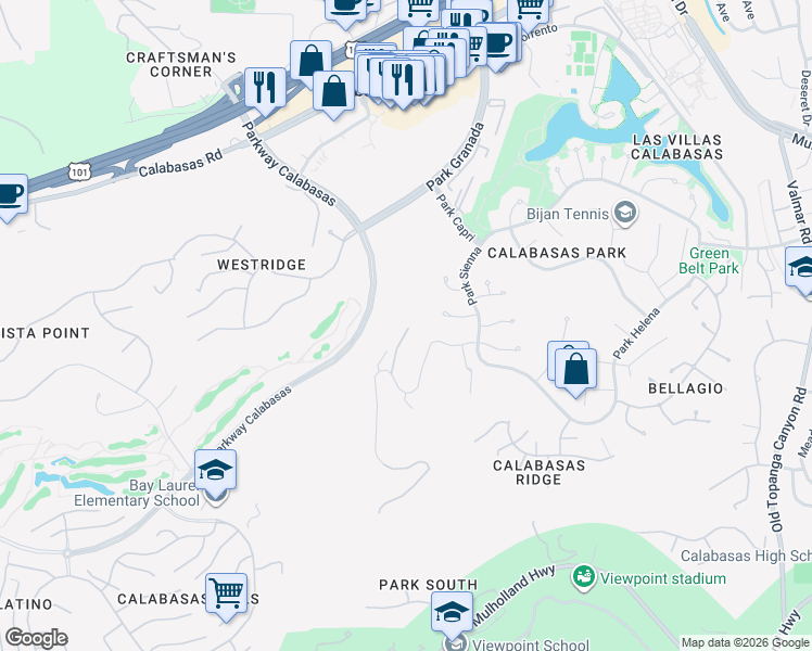 map of restaurants, bars, coffee shops, grocery stores, and more near 23815 Park Belmonte in Calabasas
