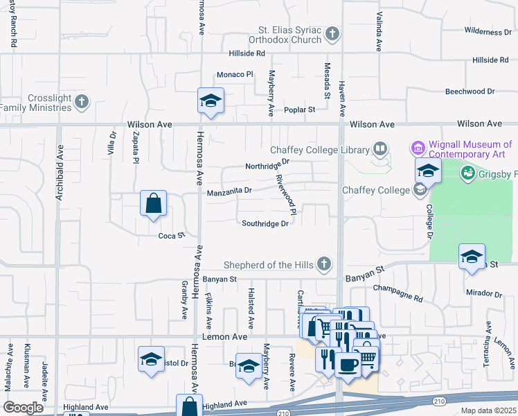 map of restaurants, bars, coffee shops, grocery stores, and more near 10268 Corkwood Court in Rancho Cucamonga