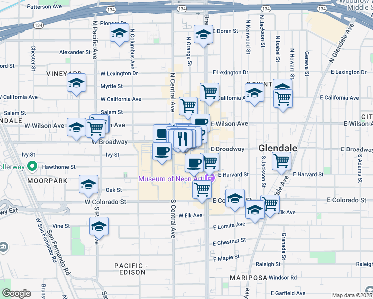 map of restaurants, bars, coffee shops, grocery stores, and more near 100 West Broadway in Glendale