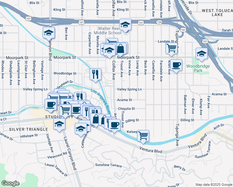 map of restaurants, bars, coffee shops, grocery stores, and more near 4220 Colfax Avenue in Los Angeles