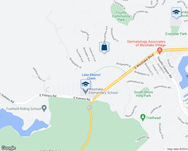 map of restaurants, bars, coffee shops, grocery stores, and more near 1619 Brentford Avenue in Westlake Village