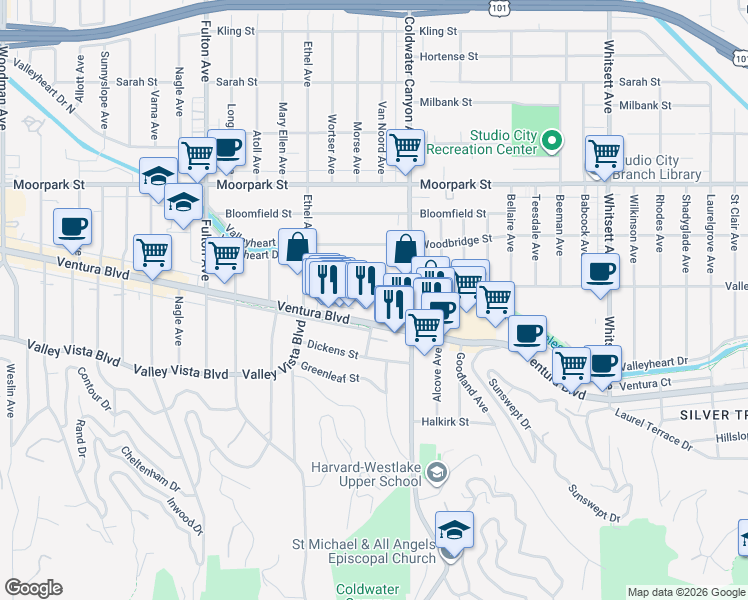 map of restaurants, bars, coffee shops, grocery stores, and more near 12946 Valleyheart Dr in Studio City