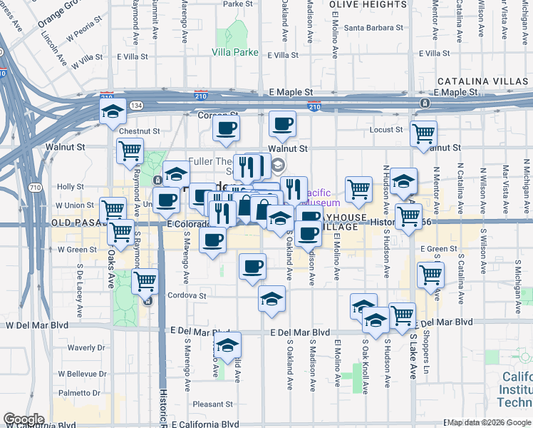 map of restaurants, bars, coffee shops, grocery stores, and more near in Pasadena