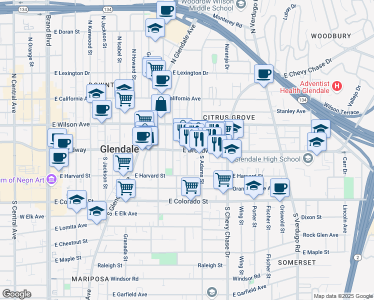 map of restaurants, bars, coffee shops, grocery stores, and more near 37 North Belmont Street in Glendale