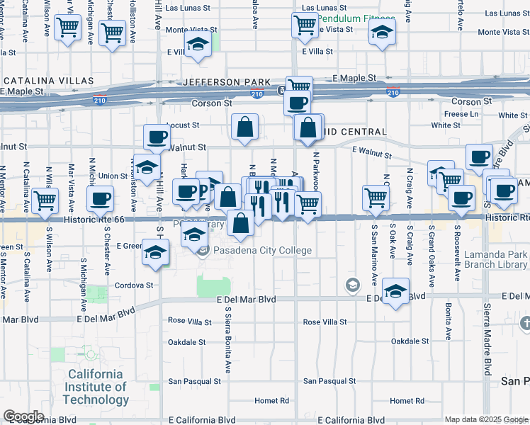map of restaurants, bars, coffee shops, grocery stores, and more near 1735 West Historic Route 66 in Pasadena
