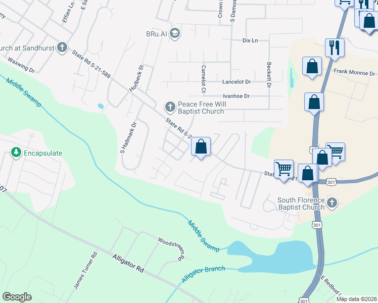 map of restaurants, bars, coffee shops, grocery stores, and more near 859 Wood Duck Lane in Florence
