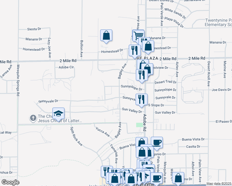 map of restaurants, bars, coffee shops, grocery stores, and more near 5912 Bagley Avenue in Twentynine Palms