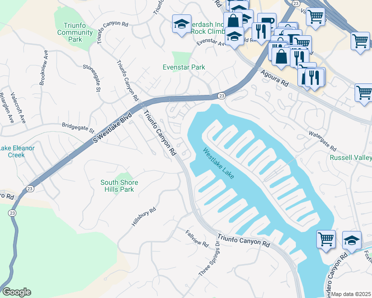 map of restaurants, bars, coffee shops, grocery stores, and more near 2226 Westshore Lane in Westlake Village