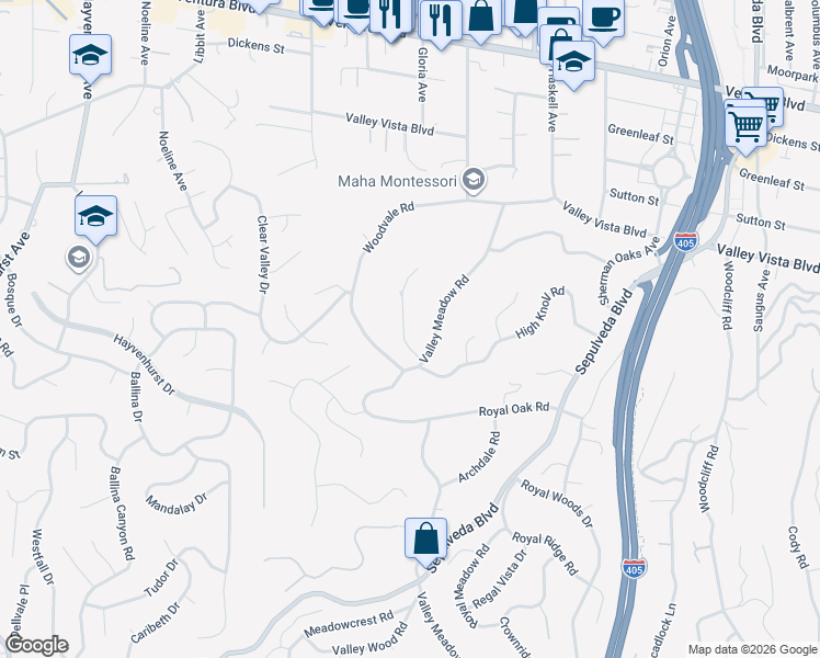 map of restaurants, bars, coffee shops, grocery stores, and more near 15901 High Knoll Road in Los Angeles