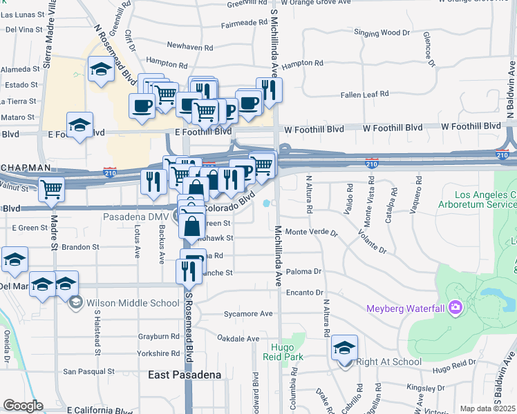 map of restaurants, bars, coffee shops, grocery stores, and more near 36 Merlon Avenue in Pasadena