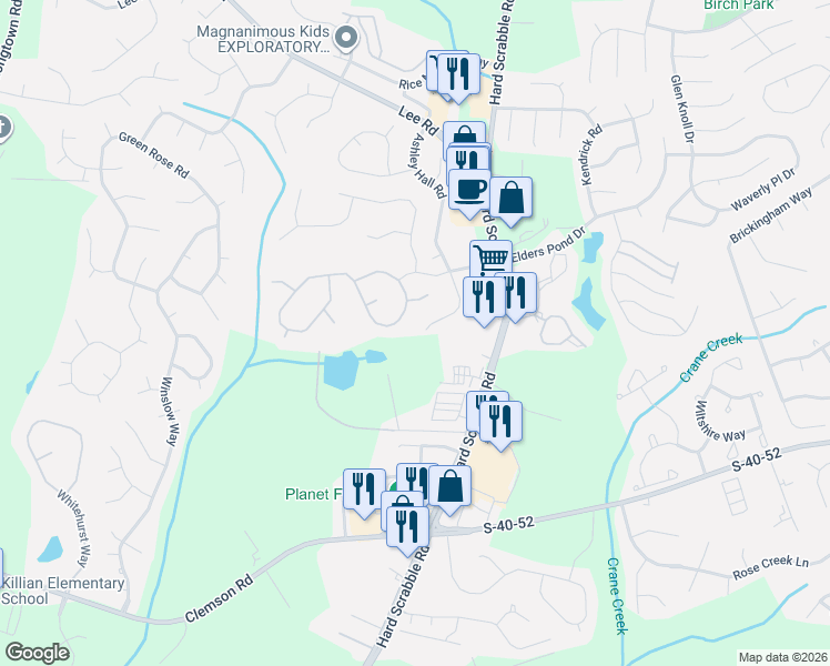 map of restaurants, bars, coffee shops, grocery stores, and more near 134 Brandon Hall Road in Columbia