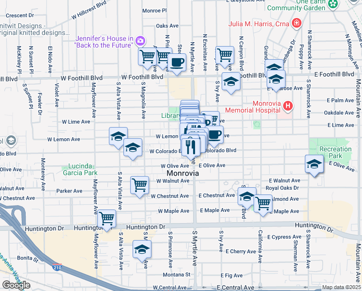 map of restaurants, bars, coffee shops, grocery stores, and more near 131 Orange Court in Monrovia