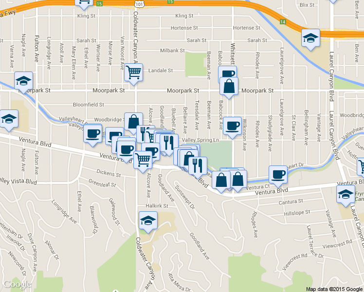 map of restaurants, bars, coffee shops, grocery stores, and more near 4155 Bellaire Avenue in Los Angeles